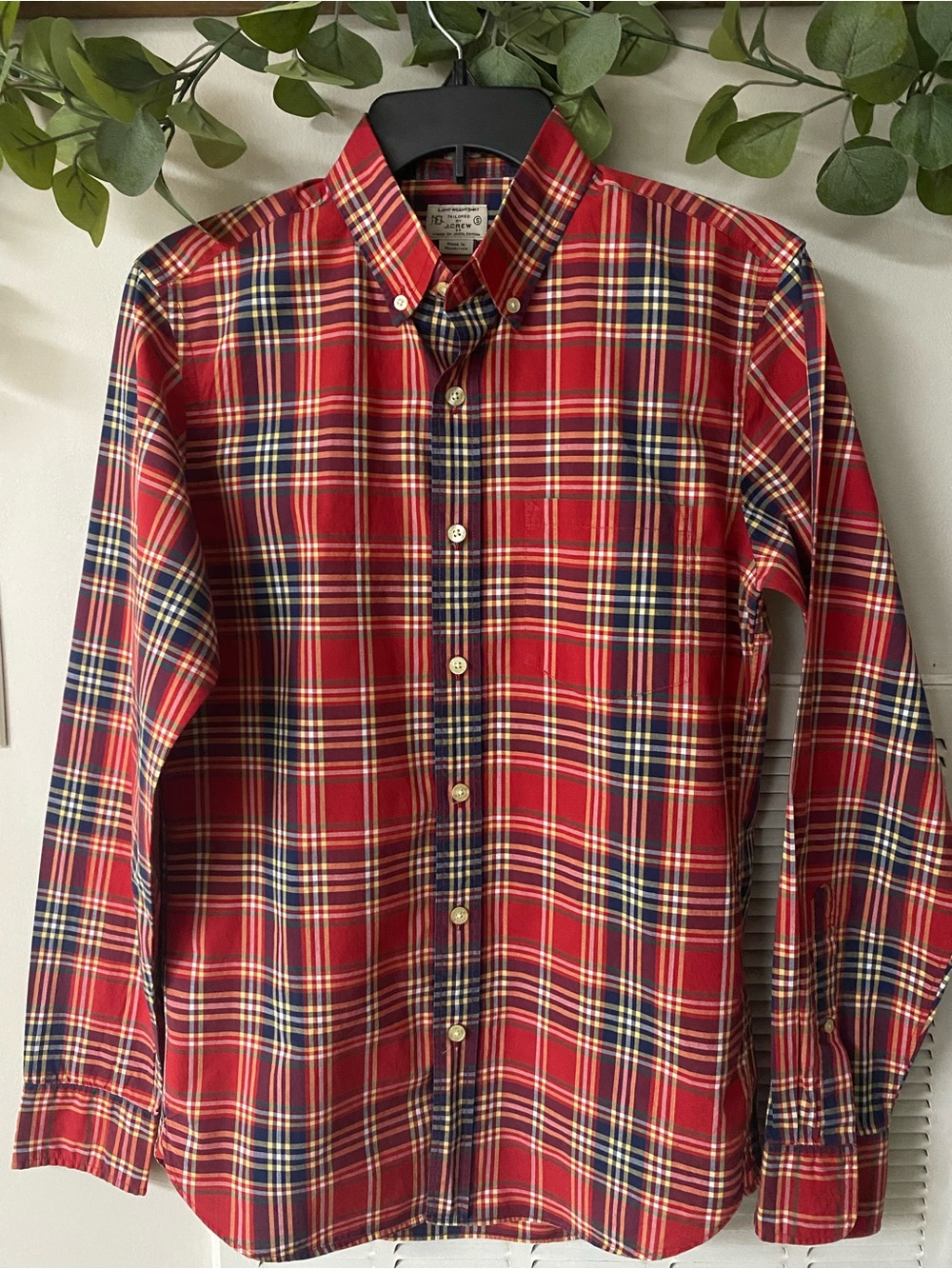 J. Crew Red Plaid Button-Down Shirt with Navy and Yellow Accents